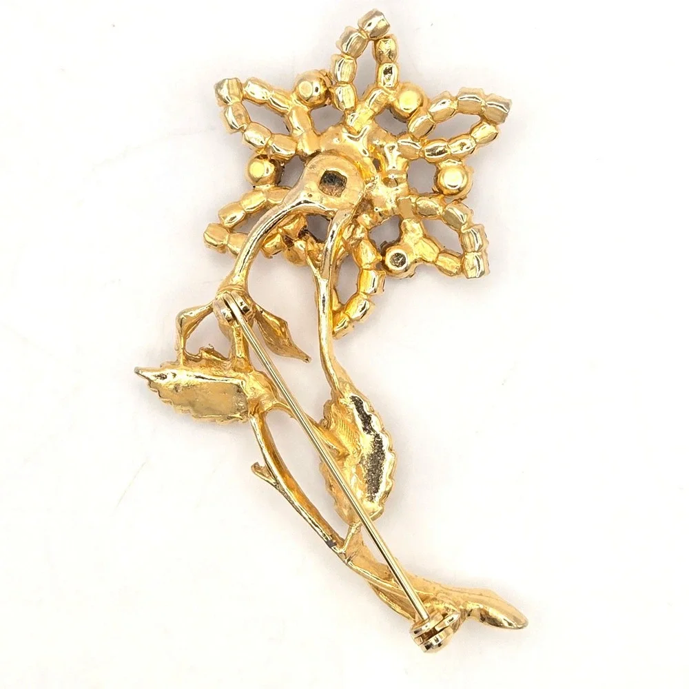 Vintage Gold Tone Honey Rhinestone Flower Brooch Pin Mid Century‎ Floral Jewelry